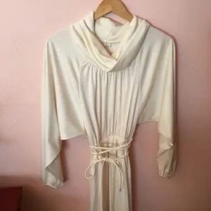Vintage 60 70 Shawl Collar Cream white Bat Wing Midi Dress Disco